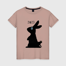 Женская футболка хлопок с принтом Кот и кролик 2023 в Екатеринбурге, 100% хлопок | прямой крой, круглый вырез горловины, длина до линии бедер, слегка спущенное плечо | 