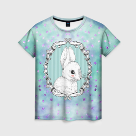 Женская футболка 3D с принтом Милый кролик в рамке в Екатеринбурге, 100% полиэфир ( синтетическое хлопкоподобное полотно) | прямой крой, круглый вырез горловины, длина до линии бедер | 