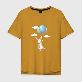Мужская футболка хлопок Oversize с принтом Зайка летит на воздушных шариках в Кировске, 100% хлопок | свободный крой, круглый ворот, “спинка” длиннее передней части | 