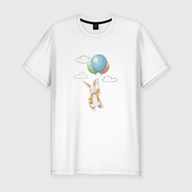 Мужская футболка хлопок Slim с принтом Зайка летит на воздушных шариках в Санкт-Петербурге, 92% хлопок, 8% лайкра | приталенный силуэт, круглый вырез ворота, длина до линии бедра, короткий рукав | Тематика изображения на принте: 
