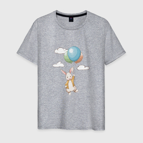Мужская футболка хлопок с принтом Зайка летит на воздушных шариках в Санкт-Петербурге, 100% хлопок | прямой крой, круглый вырез горловины, длина до линии бедер, слегка спущенное плечо. | Тематика изображения на принте: 