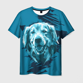 Мужская футболка 3D с принтом Синяя собака , 100% полиэфир | прямой крой, круглый вырез горловины, длина до линии бедер | 