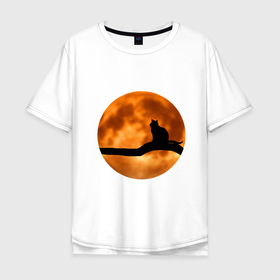 Мужская футболка хлопок Oversize с принтом Черный кот смотрит на луну в Курске, 100% хлопок | свободный крой, круглый ворот, “спинка” длиннее передней части | 
