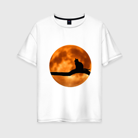 Женская футболка хлопок Oversize с принтом Черный кот смотрит на луну в Курске, 100% хлопок | свободный крой, круглый ворот, спущенный рукав, длина до линии бедер
 | 