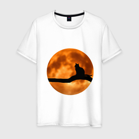 Мужская футболка хлопок с принтом Черный кот смотрит на луну в Екатеринбурге, 100% хлопок | прямой крой, круглый вырез горловины, длина до линии бедер, слегка спущенное плечо. | 