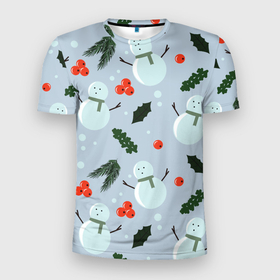 Мужская футболка 3D Slim с принтом Снеговики и ягодки в Курске, 100% полиэстер с улучшенными характеристиками | приталенный силуэт, круглая горловина, широкие плечи, сужается к линии бедра | Тематика изображения на принте: 