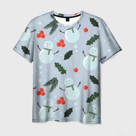 Мужская футболка 3D с принтом Снеговики и ягодки в Курске, 100% полиэфир | прямой крой, круглый вырез горловины, длина до линии бедер | Тематика изображения на принте: 