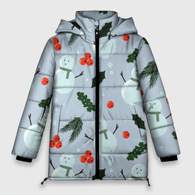 Женская зимняя куртка Oversize с принтом Снеговики и ягодки в Новосибирске, верх — 100% полиэстер; подкладка — 100% полиэстер; утеплитель — 100% полиэстер | длина ниже бедра, силуэт Оверсайз. Есть воротник-стойка, отстегивающийся капюшон и ветрозащитная планка. 

Боковые карманы с листочкой на кнопках и внутренний карман на молнии | 