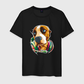 Мужская футболка хлопок с принтом Собака диджей с наушниками в Курске, 100% хлопок | прямой крой, круглый вырез горловины, длина до линии бедер, слегка спущенное плечо. | 