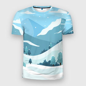 Мужская футболка 3D Slim с принтом Заснеженные горы в Новосибирске, 100% полиэстер с улучшенными характеристиками | приталенный силуэт, круглая горловина, широкие плечи, сужается к линии бедра | 