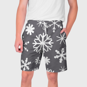 Мужские шорты 3D с принтом Snow in grey в Курске,  полиэстер 100% | прямой крой, два кармана без застежек по бокам. Мягкая трикотажная резинка на поясе, внутри которой широкие завязки. Длина чуть выше колен | 