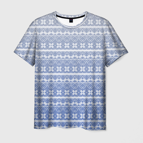 Мужская футболка 3D с принтом Белый скандинавский орнамент на серо голубом фоне в Белгороде, 100% полиэфир | прямой крой, круглый вырез горловины, длина до линии бедер | 