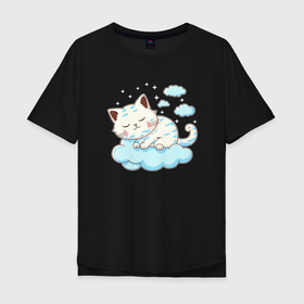 Мужская футболка хлопок Oversize с принтом Котик спит в Ухте, 100% хлопок | свободный крой, круглый ворот, “спинка” длиннее передней части | 
