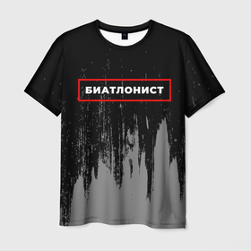 Мужская футболка 3D с принтом Биатлонист   в красной рамке на темном в Белгороде, 100% полиэфир | прямой крой, круглый вырез горловины, длина до линии бедер | 