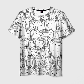 Мужская футболка 3D с принтом Раскраска кролики в морковном поле в Тюмени, 100% полиэфир | прямой крой, круглый вырез горловины, длина до линии бедер | 