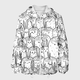 Мужская куртка 3D с принтом Раскраска кролики в морковном поле в Новосибирске, ткань верха — 100% полиэстер, подклад — флис | прямой крой, подол и капюшон оформлены резинкой с фиксаторами, два кармана без застежек по бокам, один большой потайной карман на груди. Карман на груди застегивается на липучку | 