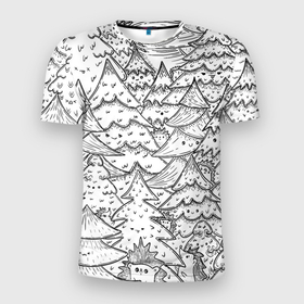 Мужская футболка 3D Slim с принтом Раскраска ежи в еловом лесу в Санкт-Петербурге, 100% полиэстер с улучшенными характеристиками | приталенный силуэт, круглая горловина, широкие плечи, сужается к линии бедра | 