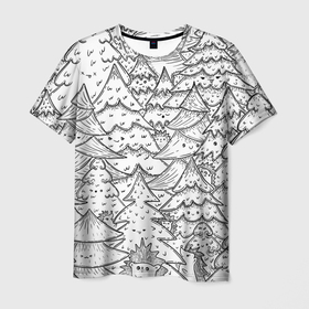 Мужская футболка 3D с принтом Раскраска ежи в еловом лесу , 100% полиэфир | прямой крой, круглый вырез горловины, длина до линии бедер | 