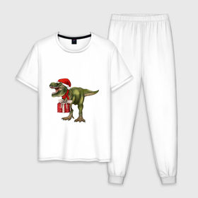 Мужская пижама хлопок с принтом Динозавр T Rex поздравляет с новым годом в Новосибирске, 100% хлопок | брюки и футболка прямого кроя, без карманов, на брюках мягкая резинка на поясе и по низу штанин
 | 