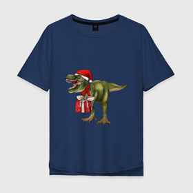 Мужская футболка хлопок Oversize с принтом Динозавр T Rex поздравляет с новым годом в Петрозаводске, 100% хлопок | свободный крой, круглый ворот, “спинка” длиннее передней части | Тематика изображения на принте: 