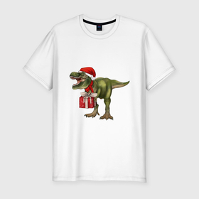 Мужская футболка хлопок Slim с принтом Динозавр T Rex поздравляет с новым годом в Екатеринбурге, 92% хлопок, 8% лайкра | приталенный силуэт, круглый вырез ворота, длина до линии бедра, короткий рукав | 