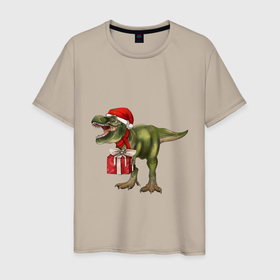 Мужская футболка хлопок с принтом Динозавр T Rex поздравляет с новым годом в Санкт-Петербурге, 100% хлопок | прямой крой, круглый вырез горловины, длина до линии бедер, слегка спущенное плечо. | 