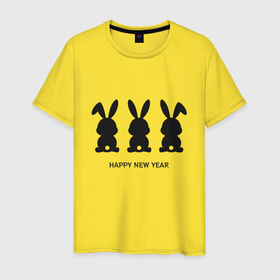Мужская футболка хлопок с принтом Happy new year rabbits в Белгороде, 100% хлопок | прямой крой, круглый вырез горловины, длина до линии бедер, слегка спущенное плечо. | 
