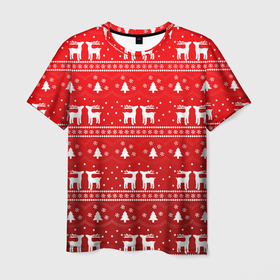 Мужская футболка 3D с принтом Новогодний орнамент с оленями в Тюмени, 100% полиэфир | прямой крой, круглый вырез горловины, длина до линии бедер | Тематика изображения на принте: 