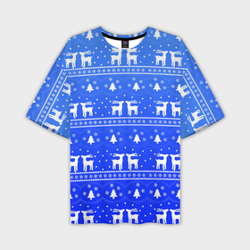 Мужская футболка oversize 3D с принтом Синий орнамент с оленями в Екатеринбурге,  |  | 