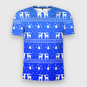 Мужская футболка 3D Slim с принтом Синий орнамент с оленями в Екатеринбурге, 100% полиэстер с улучшенными характеристиками | приталенный силуэт, круглая горловина, широкие плечи, сужается к линии бедра | 