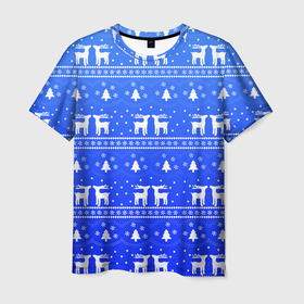Мужская футболка 3D с принтом Синий орнамент с оленями в Екатеринбурге, 100% полиэфир | прямой крой, круглый вырез горловины, длина до линии бедер | 