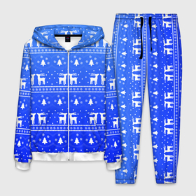 Мужской костюм 3D с принтом Синий орнамент с оленями в Екатеринбурге, 100% полиэстер | Манжеты и пояс оформлены тканевой резинкой, двухслойный капюшон со шнурком для регулировки, карманы спереди | 