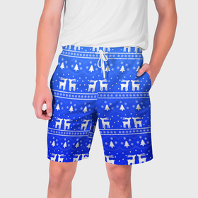 Мужские шорты 3D с принтом Синий орнамент с оленями в Екатеринбурге,  полиэстер 100% | прямой крой, два кармана без застежек по бокам. Мягкая трикотажная резинка на поясе, внутри которой широкие завязки. Длина чуть выше колен | 