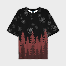 Мужская футболка oversize 3D с принтом Снежинки над багровым лесом ,  |  | 