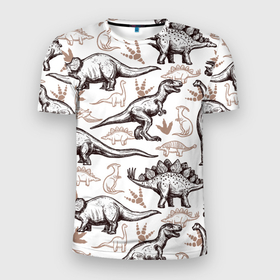 Мужская футболка 3D Slim с принтом Drawn dinosaurs steps в Санкт-Петербурге, 100% полиэстер с улучшенными характеристиками | приталенный силуэт, круглая горловина, широкие плечи, сужается к линии бедра | 