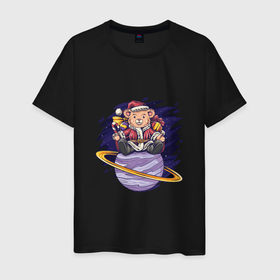Мужская футболка хлопок с принтом Новогодний мишка в космосе , 100% хлопок | прямой крой, круглый вырез горловины, длина до линии бедер, слегка спущенное плечо. | Тематика изображения на принте: 
