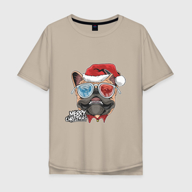 Мужская футболка хлопок Oversize с принтом Pug christmas в Кировске, 100% хлопок | свободный крой, круглый ворот, “спинка” длиннее передней части | 