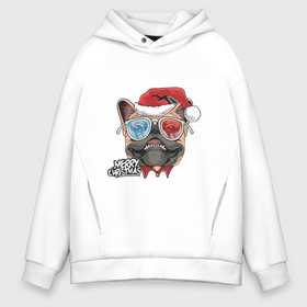 Мужское худи Oversize хлопок с принтом Pug christmas в Белгороде, френч-терри — 70% хлопок, 30% полиэстер. Мягкий теплый начес внутри —100% хлопок | боковые карманы, эластичные манжеты и нижняя кромка, капюшон на магнитной кнопке | 