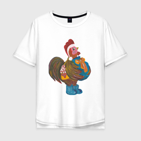 Мужская футболка хлопок Oversize с принтом Петух Санта с мешком подарков в Екатеринбурге, 100% хлопок | свободный крой, круглый ворот, “спинка” длиннее передней части | 