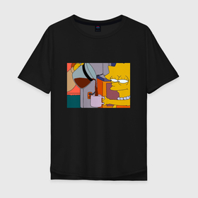 Мужская футболка хлопок Oversize с принтом Лиза Симпсон и кофе в Кировске, 100% хлопок | свободный крой, круглый ворот, “спинка” длиннее передней части | 