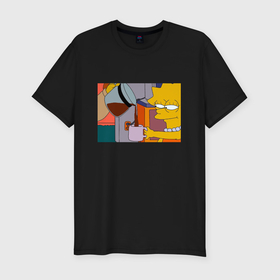 Мужская футболка хлопок Slim с принтом Лиза Симпсон и кофе в Тюмени, 92% хлопок, 8% лайкра | приталенный силуэт, круглый вырез ворота, длина до линии бедра, короткий рукав | 