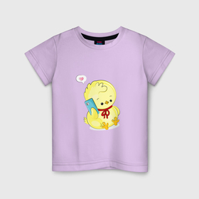 Детская футболка хлопок с принтом Цыпленок с телефоном в Тюмени, 100% хлопок | круглый вырез горловины, полуприлегающий силуэт, длина до линии бедер | 