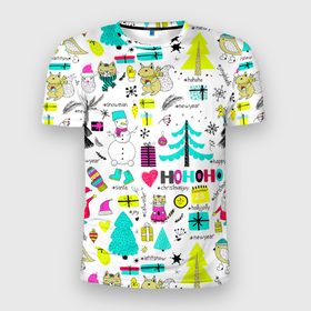 Мужская футболка 3D Slim с принтом Happy new year hohoho в Белгороде, 100% полиэстер с улучшенными характеристиками | приталенный силуэт, круглая горловина, широкие плечи, сужается к линии бедра | 