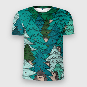 Мужская футболка 3D Slim с принтом Ежи в еловом лесу в Тюмени, 100% полиэстер с улучшенными характеристиками | приталенный силуэт, круглая горловина, широкие плечи, сужается к линии бедра | 