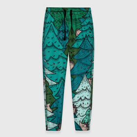 Мужские брюки 3D с принтом Ежи в еловом лесу в Тюмени, 100% полиэстер | манжеты по низу, эластичный пояс регулируется шнурком, по бокам два кармана без застежек, внутренняя часть кармана из мелкой сетки | Тематика изображения на принте: 