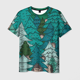 Мужская футболка 3D с принтом Ежи в еловом лесу , 100% полиэфир | прямой крой, круглый вырез горловины, длина до линии бедер | 