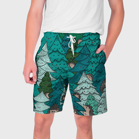 Мужские шорты 3D с принтом Ежи в еловом лесу в Тюмени,  полиэстер 100% | прямой крой, два кармана без застежек по бокам. Мягкая трикотажная резинка на поясе, внутри которой широкие завязки. Длина чуть выше колен | Тематика изображения на принте: 