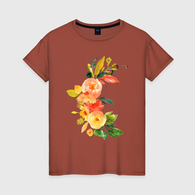Женская футболка хлопок с принтом Цветочная композиция   акварель , 100% хлопок | прямой крой, круглый вырез горловины, длина до линии бедер, слегка спущенное плечо | 