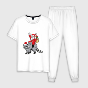 Мужская пижама хлопок с принтом Санта верхом на еноте в Екатеринбурге, 100% хлопок | брюки и футболка прямого кроя, без карманов, на брюках мягкая резинка на поясе и по низу штанин
 | Тематика изображения на принте: 