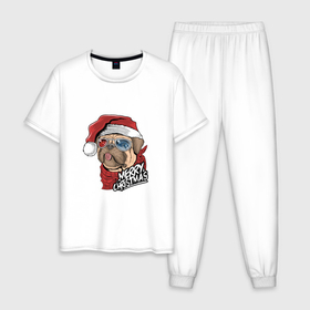 Мужская пижама хлопок с принтом Pug merry christmas , 100% хлопок | брюки и футболка прямого кроя, без карманов, на брюках мягкая резинка на поясе и по низу штанин
 | 